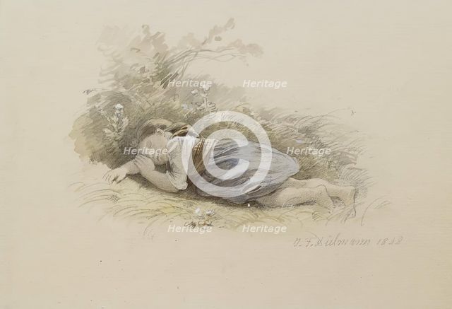 Girl Asleep in the Woods, 1848. Creator: Jakob Dielmann.