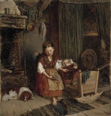 Girl at the cradle, 1866. Creator: Karl Emanuel Jansson