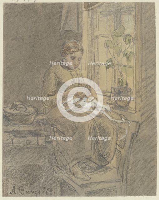 Girl at the window threading a needle, 1865. Creator: Anton Burger.