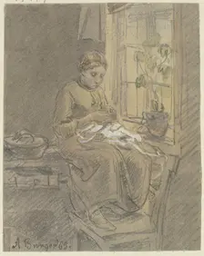 Girl at the window threading a needle, 1865. Creator: Anton Burger