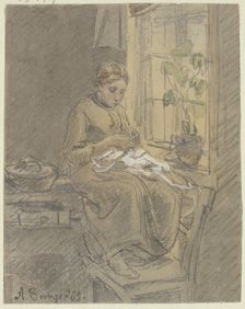 Girl at the window threading a needle, 1865. Creator: Anton Burger
