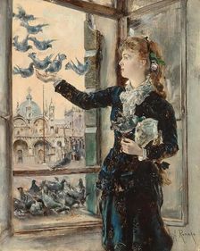 Girl at a window facing St. Mark's Square, feeding pigeons, c1875. Creator: Anton Romako