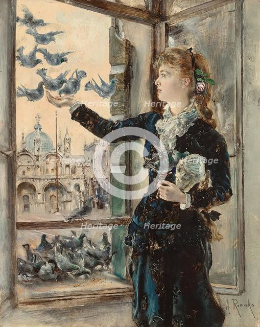 Girl at a window facing St. Mark's Square, feeding pigeons, c1875. Creator: Anton Romako.