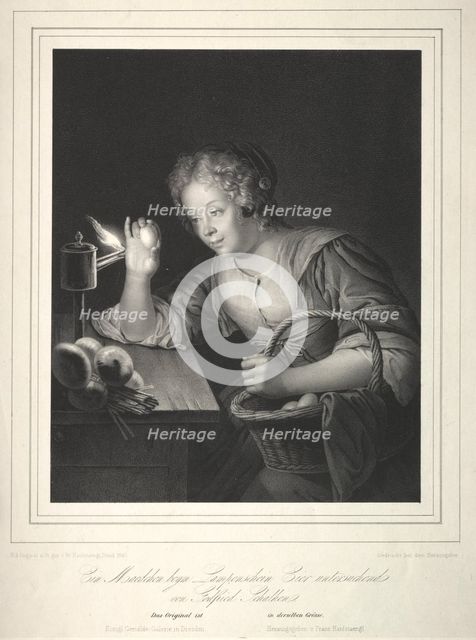 Girl Candling Eggs, 1840. Creator: Franz Seraph Hanfstaengl (German, 1804-1877).