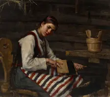 Girl Carding, 1883. Creator: Maria Wiik