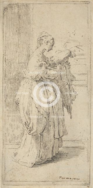 Girl carrying a cushion, seen in profile facing right, 1590-1690. Creator: Guido Reni.