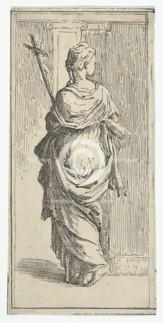 Girl carrying a crucifix and stepping toward a pilaster, seen from behind, ca. 15..., ca. 1590-1600. Creator: Guido Reni.