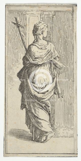 Girl carrying a crucifix and stepping toward a pilaster, seen from behind, ca. 15..., ca. 1590-1600. Creator: Guido Reni.