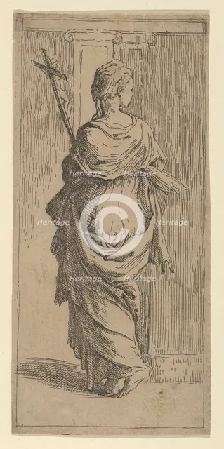 Girl carrying a crucifix and stepping toward a pilaster, seen from behind, ca. 1590-1600. Creator: Guido Reni.