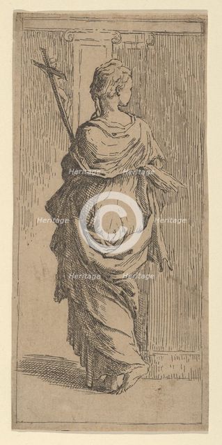 Girl carrying a crucifix and stepping toward a pilaster, seen from behind, ca. 1590-1600. Creator: Guido Reni.