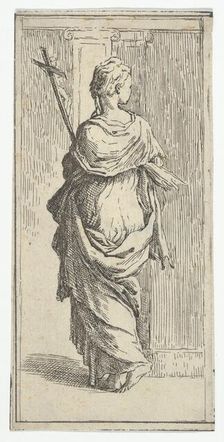 Girl carrying a crucifix and stepping toward a pilaster, seen from behind, ca. 15..., ca. 1590-1600. Creator: Guido Reni