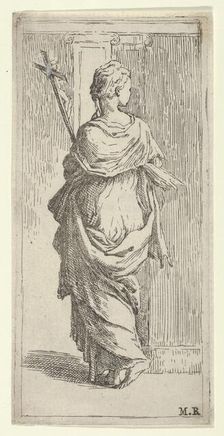 Girl carrying a crucifix and stepping toward a pilaster, seen from behind, ca. 1590-1600. Creator: Guido Reni