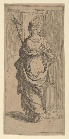 Girl carrying a crucifix and stepping toward a pilaster, seen from behind, ca. 1590-1600. Creator: Guido Reni