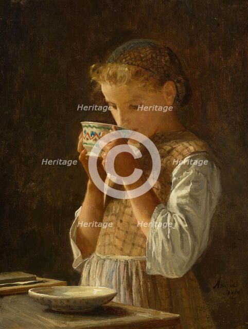 Girl drinking coffee, 1870. Creator: Anker; Albert (1831-1910).