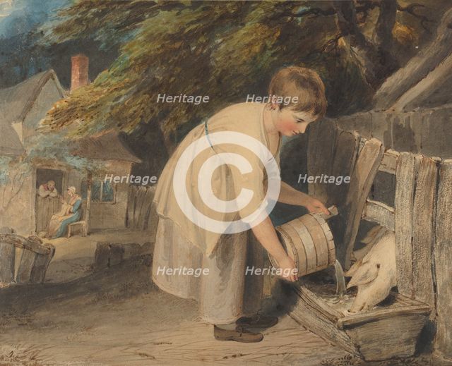 Girl Feeding Pigs, 1800. Creator: Richard Westall.