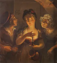 Girl Holding a Candle Standing between a Fiddler and an Old Woman, 1830. Creator: Pehr Berggren
