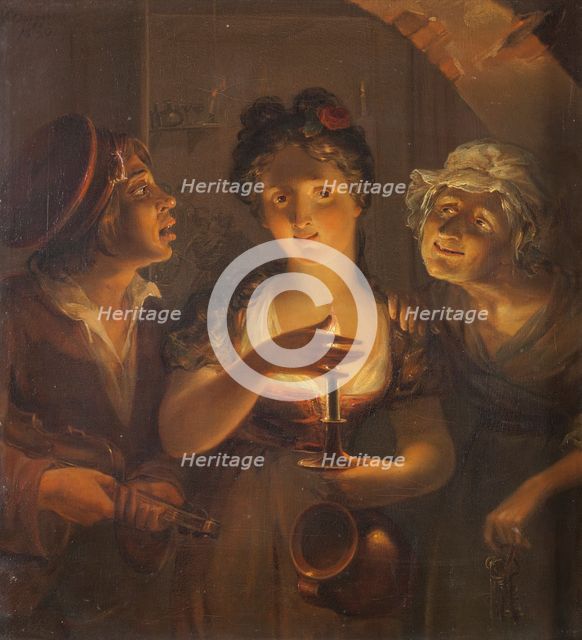 Girl Holding a Candle Standing between a Fiddler and an Old Woman, 1830. Creator: Pehr Berggren.