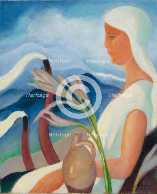 Girl in White with Factory Chimneys and Flowers, 1932. Creator: Zolo Palugyay.