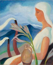 Girl in White with Factory Chimneys and Flowers, 1932. Creator: Zolo Palugyay
