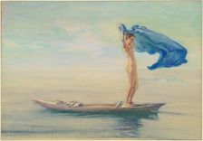 Girl in Bow of Canoe Spreading Out Her Loin-Cloth for a Sail, Samoa, 1895-1896. Creator: John La Farge