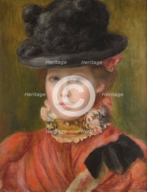 Girl in black hat with red flowers, c. 1890. Artist: Renoir, Pierre Auguste (1841-1919)