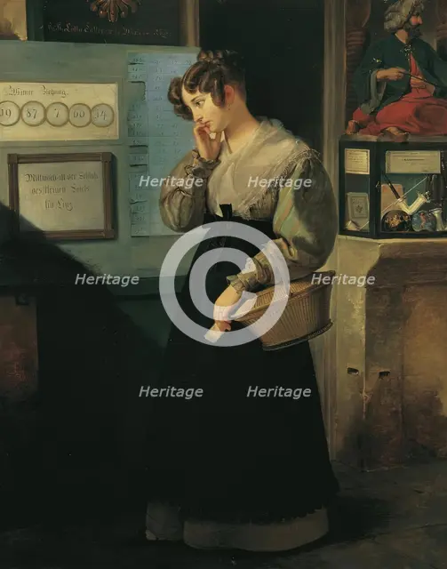 Girl in front of the lottery vault, 1829. Creator: Peter Fendi.