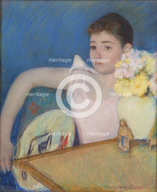 Girl in Pink with a Fan, 1889. Creator: Cassatt, Mary (1845-1926).