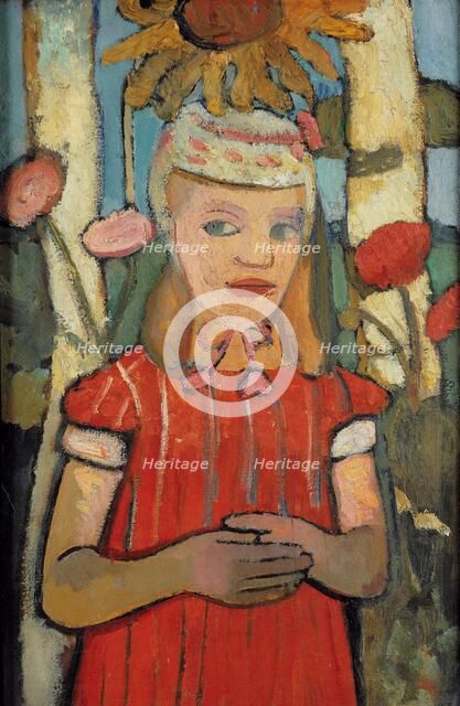 Girl in red dress in front of sunflower, 1907. Creator: Modersohn-Becker, Paula (1876-1907).