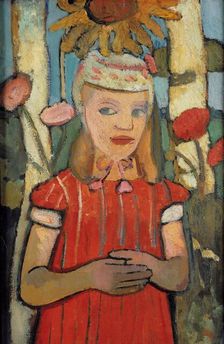 Girl in red dress in front of sunflower, 1907. Creator: Modersohn-Becker, Paula (1876-1907)