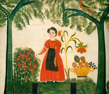 Girl in Red with Flowers and a Distelfink, c. 1830. Creator: Unknown