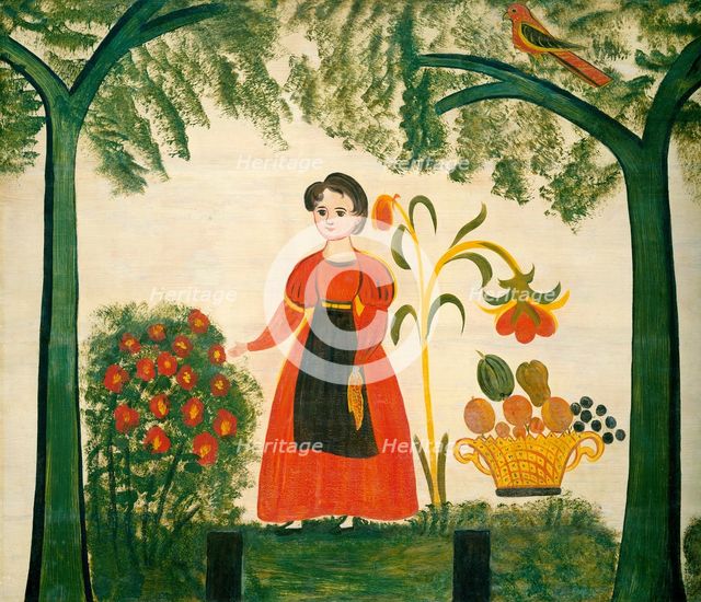 Girl in Red with Flowers and a Distelfink, c. 1830. Creator: Unknown.