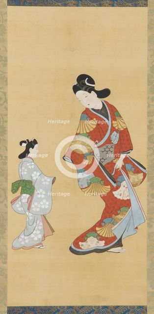 Girl in scarlet and gold dress with a child, 1615-1868. Creator: Unknown.