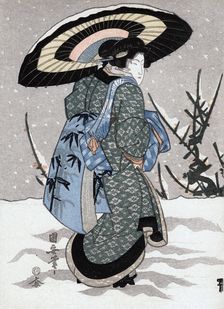 Girl in Snow Storm 19th century. Artist: Kuniyasu