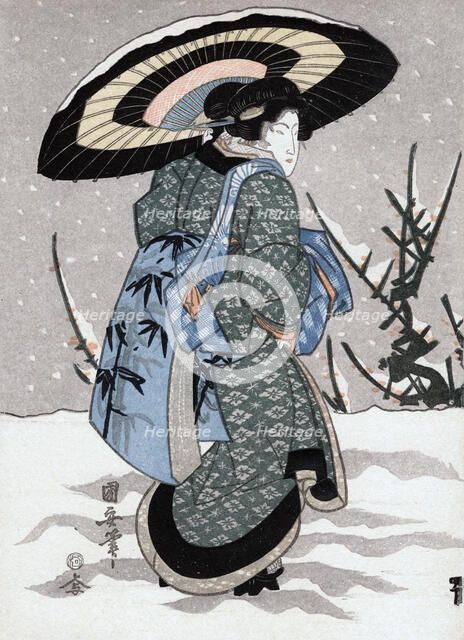 'Girl in Snow Storm', 19th century. Artist: Kuniyasu
