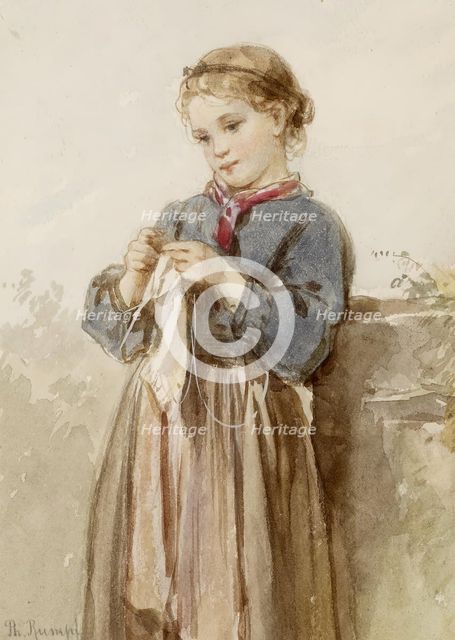 Girl Knitting, c1860. Creator: Philipp Rumpf.