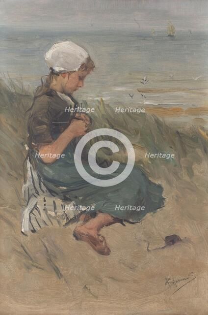 Girl Knitting in the Dunes, c.1870-c.1900. Creator: Bernardus Johannes Blommers.