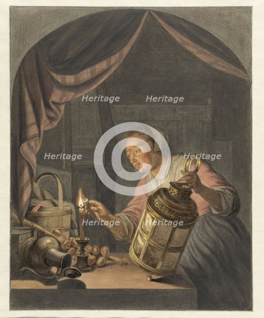 Girl lighting a lantern, 1795. Creator: Abraham Delfos.