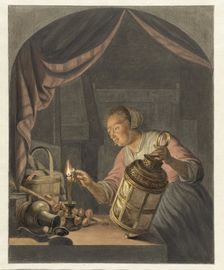 Girl lighting a lantern, 1795. Creator: Abraham Delfos