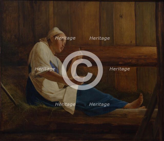 Girl on a hay mattress. Artist: Venetsianov, Alexei Gavrilovich (1780-1847)