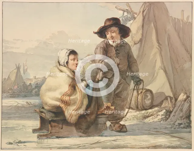 Girl on a sled, next to her a boy, in a camp, 18th century. Creator: Jacob van Strij.