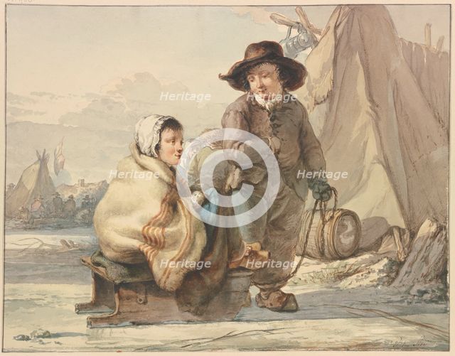 Girl on a sled, next to her a boy, in a camp, 18th century. Creator: Jacob van Strij.