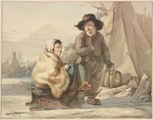 Girl on a sled, next to her a boy, in a camp, 18th century. Creator: Jacob van Strij
