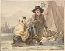 Girl on a sled, next to her a boy, in a camp, 18th century. Creator: Jacob van Strij