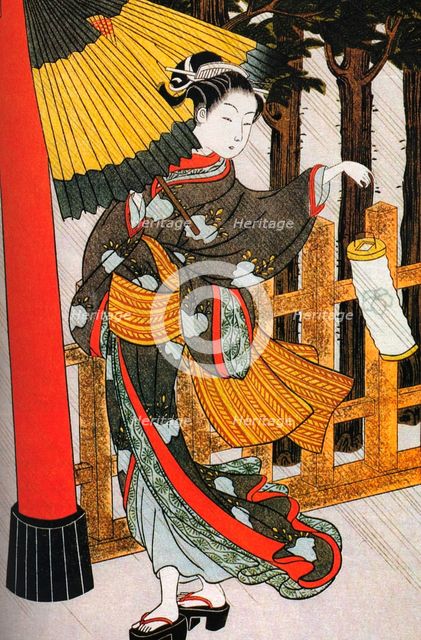 Girl on Her Way to the Shinto Shrine on a Stormy Night, 18th century.