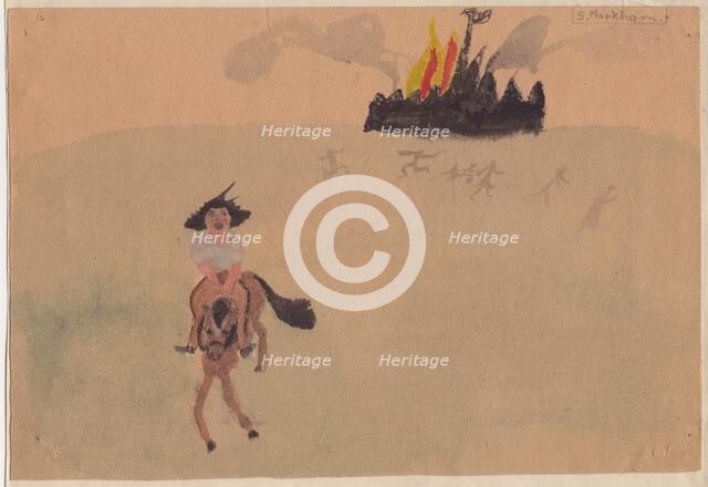 Girl on horse fleeing flaming fort, c1941. Creator: Shirley Markham.