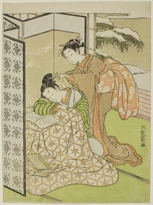 Girl Playing a Prank on a Young Man who is Napping, c. 1769. Creator: Isoda Koryusai