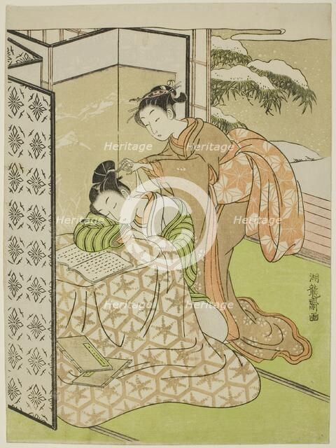 Girl Playing a Prank on a Young Man who is Napping, c. 1769. Creator: Isoda Koryusai.