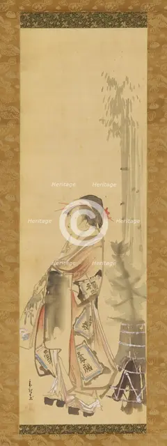 Girl playing battledore and shuttlecock, 1615-1868. Creator: Hishikawa Sori.