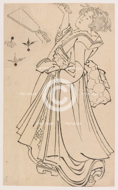 Girl playing with a battledore and shuttlecock, late 18th-early 19th century. Creator: Hokusai.