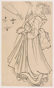 Girl playing with a battledore and shuttlecock, late 18th-early 19th century. Creator: Hokusai